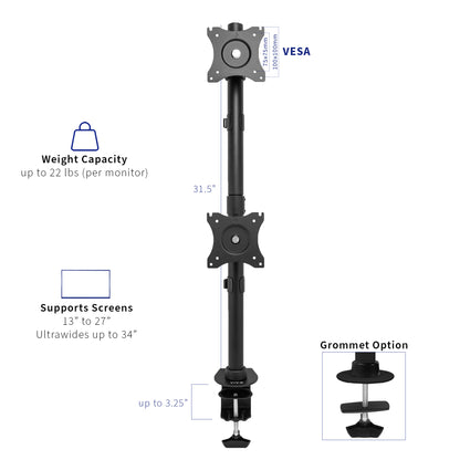 Sturdy adjustable vertical dual monitor ergonomic desk mount for office workstation.