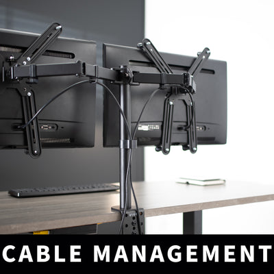 Dual monitor desk mount with VESA Adapter bracket designed for monitors lacking VESA compatibility.
