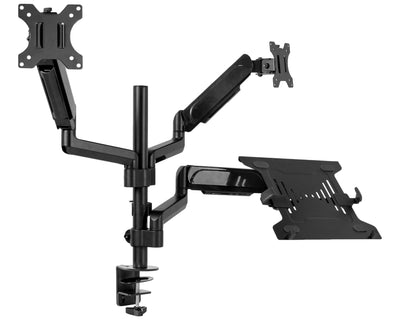  Pneumatic arm dual monitor and laptop desk mount that elevates your screens to a comfortable viewing height.