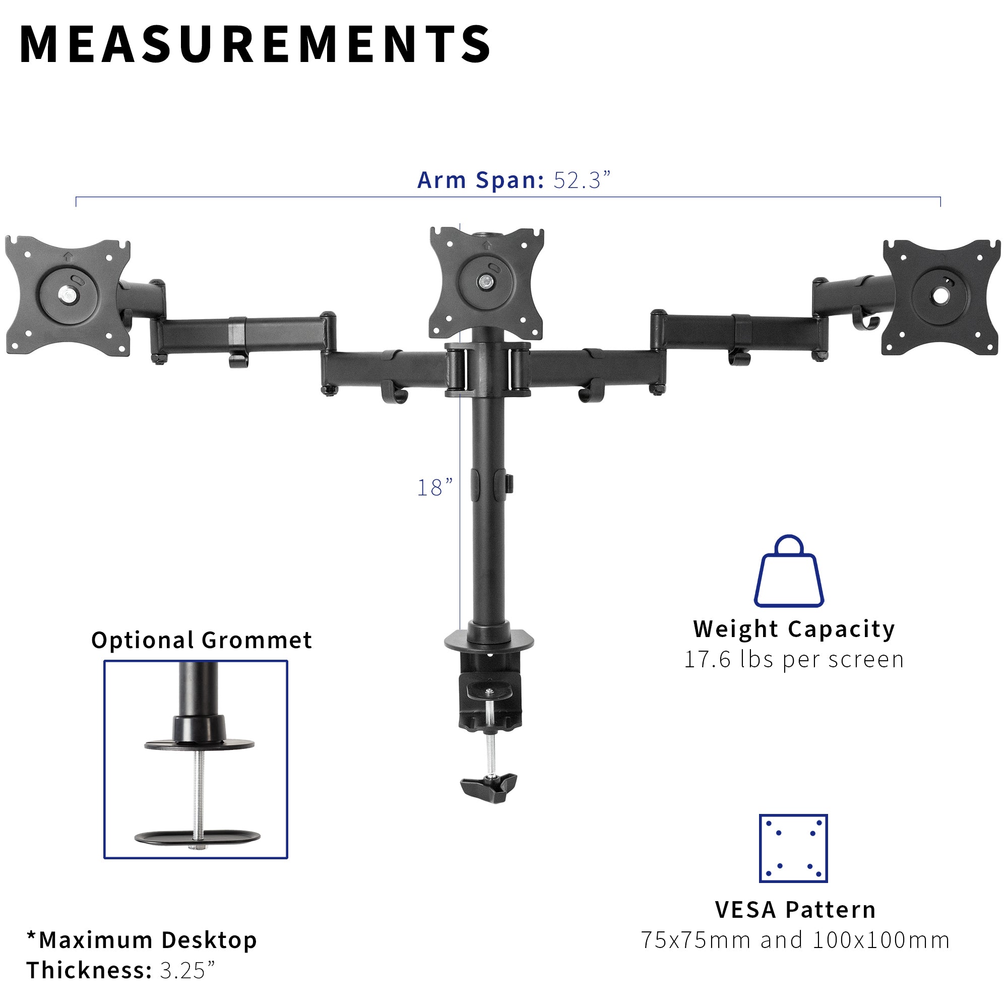 Sturdy height adjustable triple monitor desk mount.