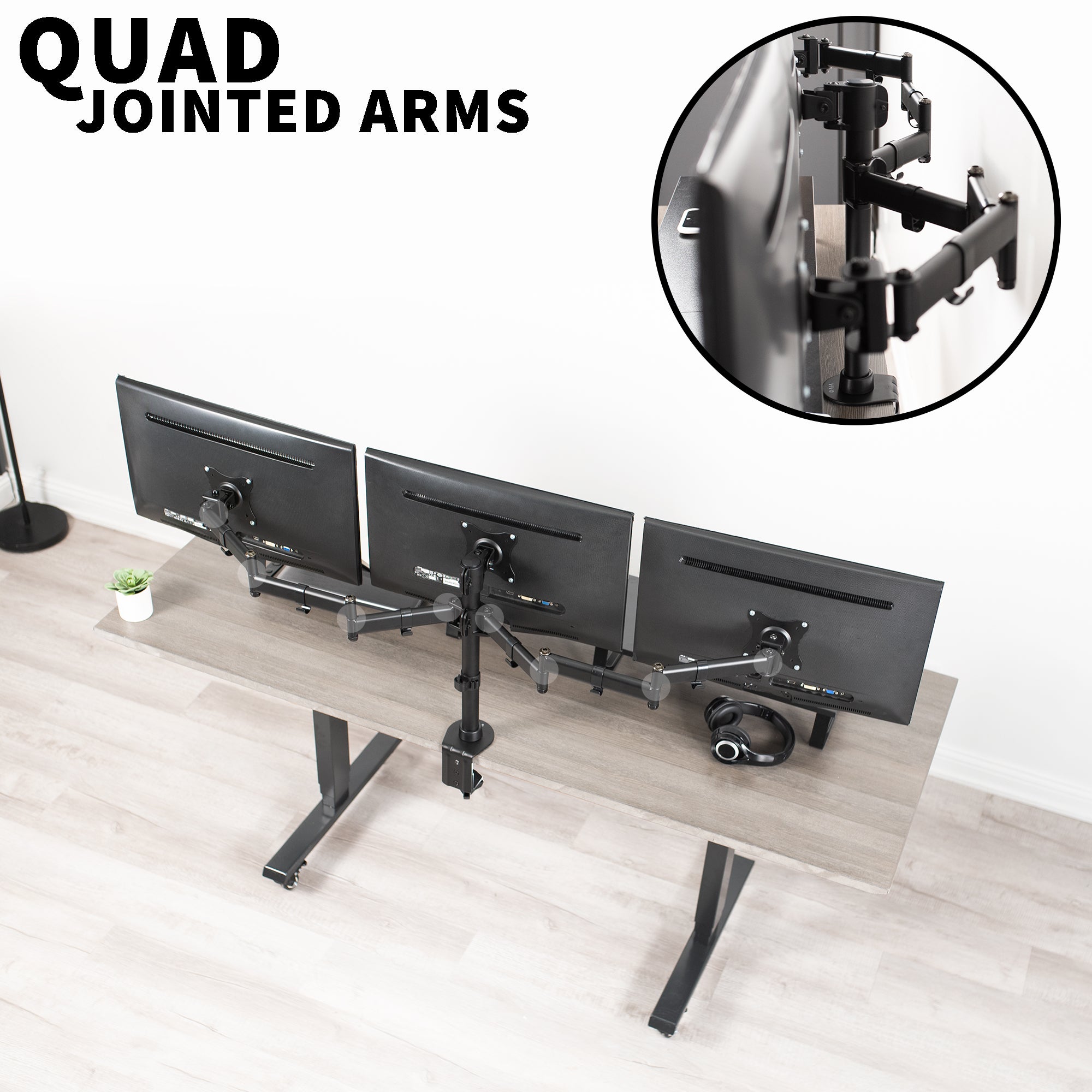 Sturdy height adjustable triple monitor desk mount.