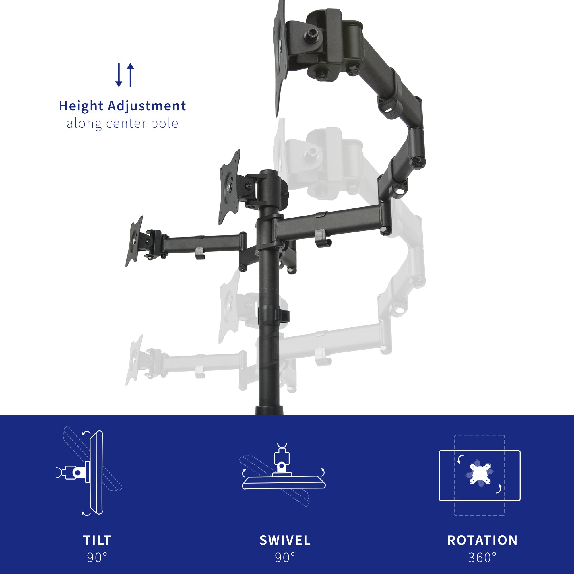 Sturdy height adjustable triple monitor desk stand.