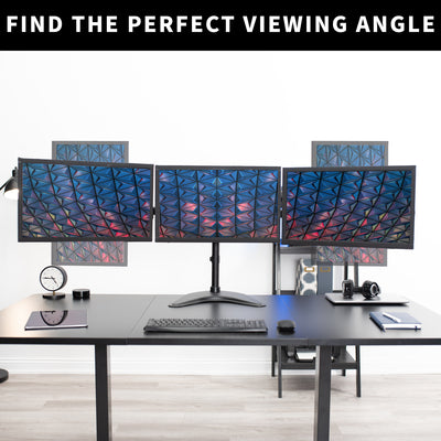 Sturdy height adjustable triple monitor desk stand for comfortable viewing angles.