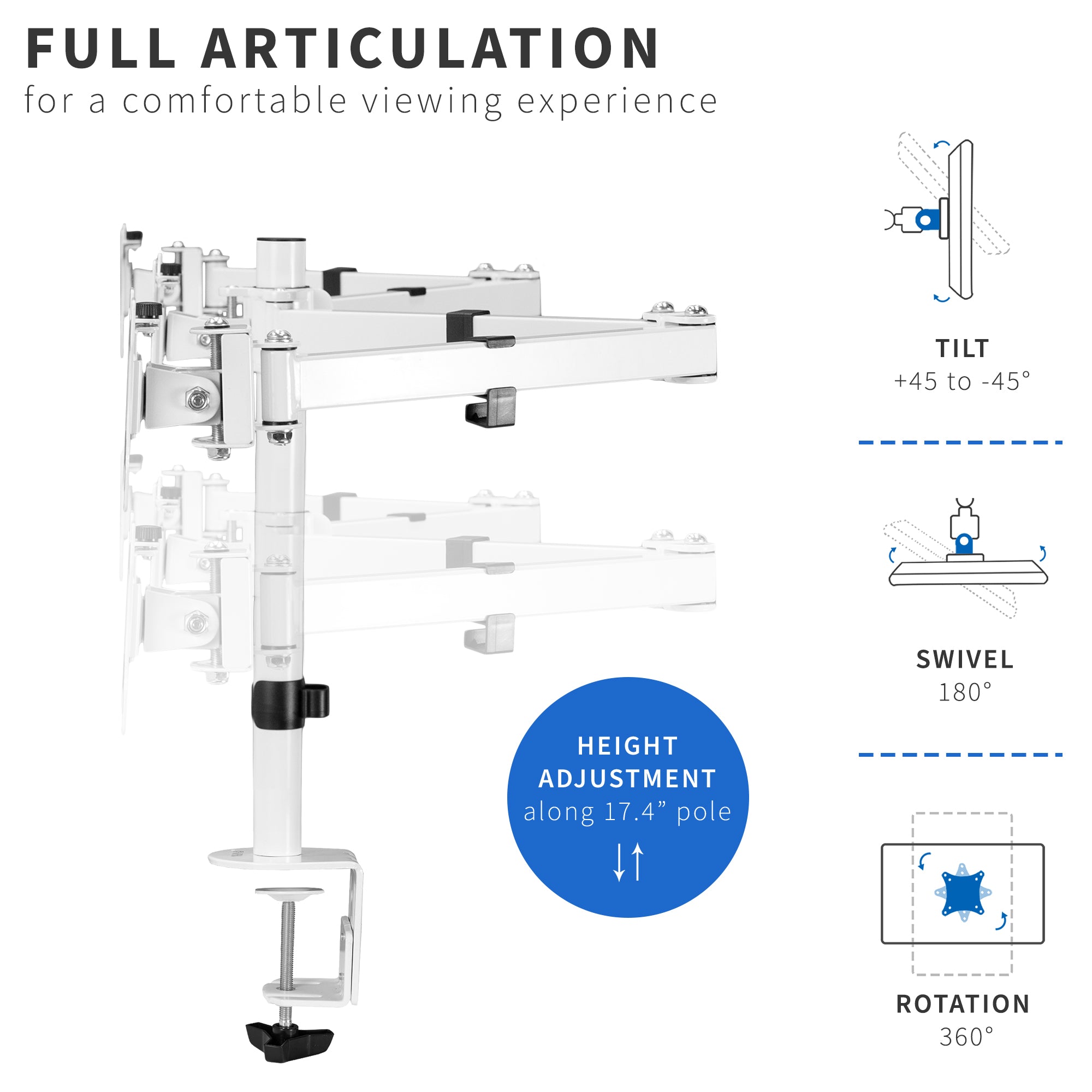 Sturdy height adjustable triple monitor desk mount.