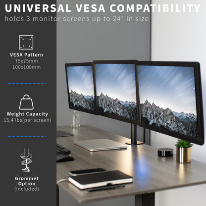 Sturdy height adjustable triple monitor desk mount with universal VESA compatibility.