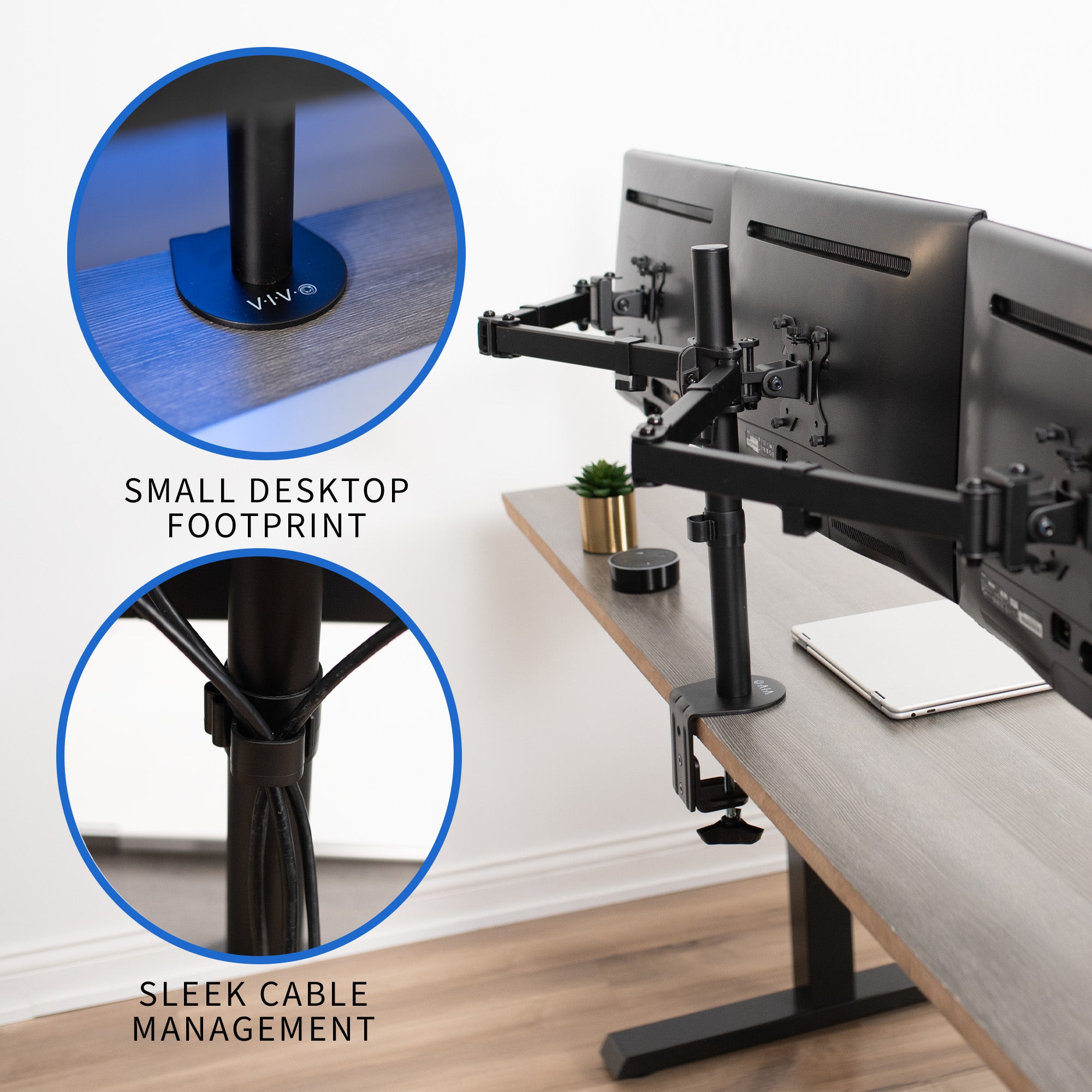 Sturdy height adjustable triple monitor desk mount.