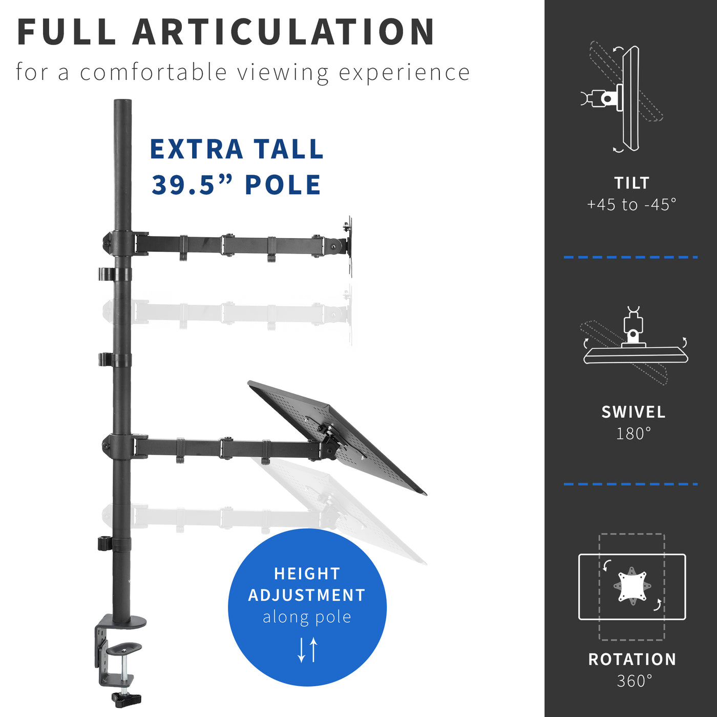 Sturdy single monitor and laptop extra tall desk mount with adjustable height.