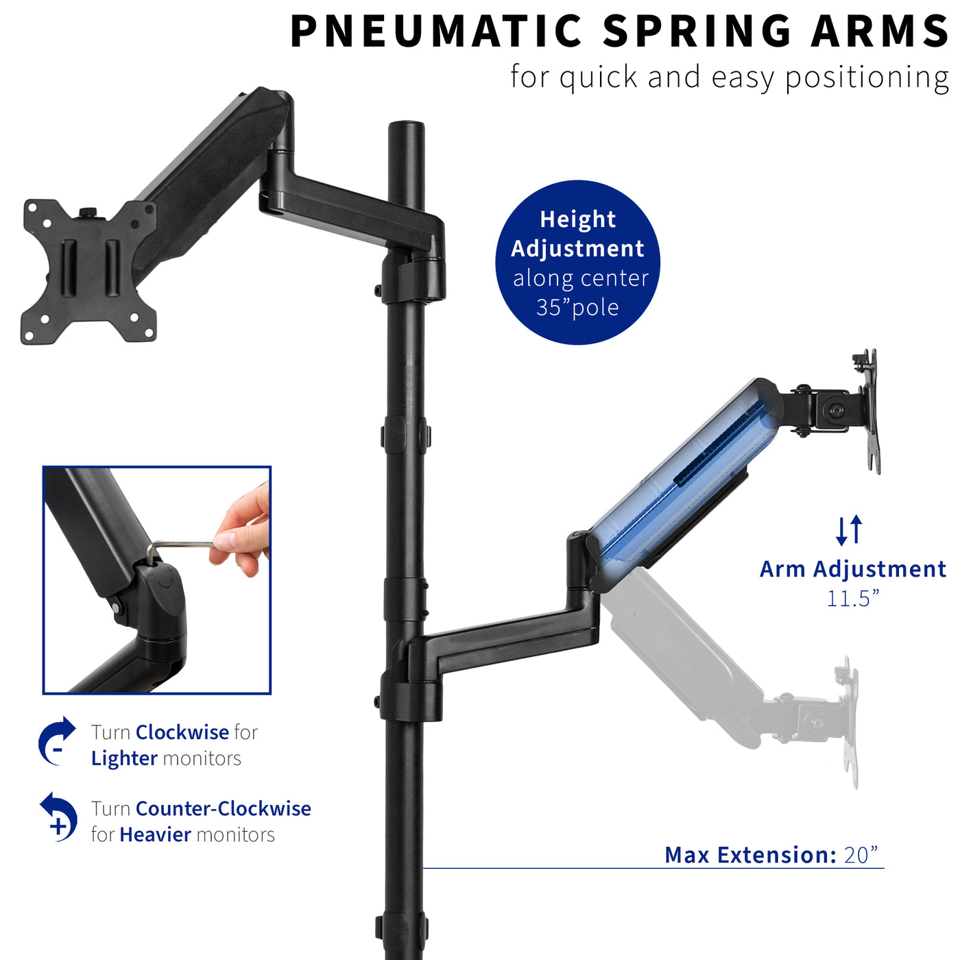 Adjustable pneumatic arm dual monitor extra tall desk mount.