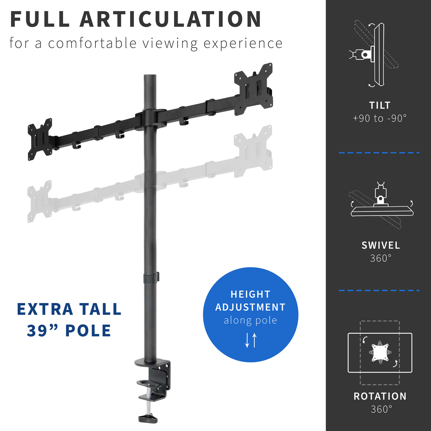 Sturdy dual monitor extra tall desk mount with adjustable height.