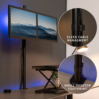 Sturdy dual monitor extra tall desk mount with cable management.