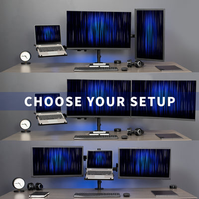 A black desk mount that can hold two monitors and one laptop.