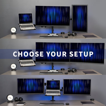 Dual Monitor + Single Laptop Desk Mount - Up to 27" Screens, 15.6" Laptops