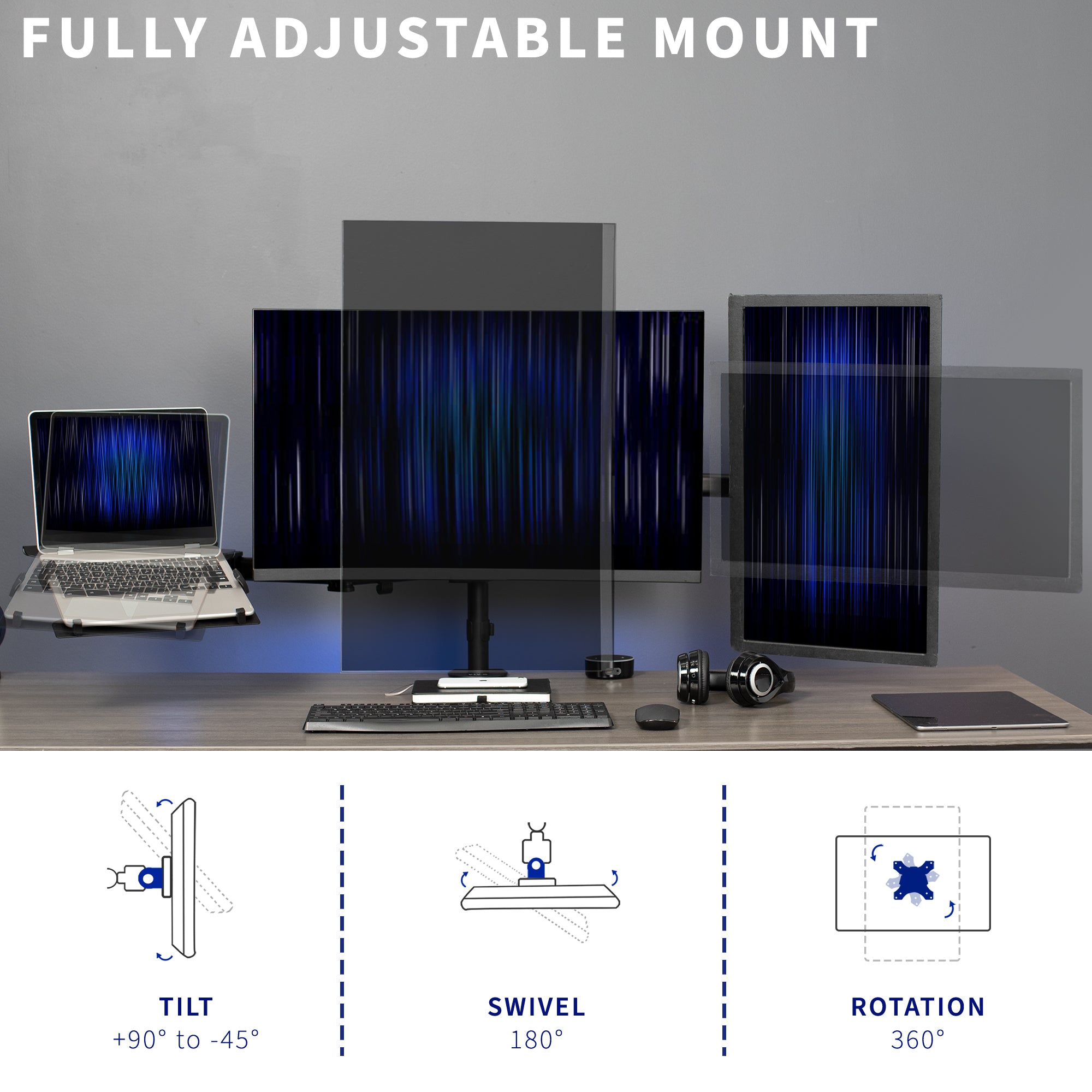 Dual Monitor + Single Laptop Desk Mount - Up to 27" Screens, 15.6" Laptops