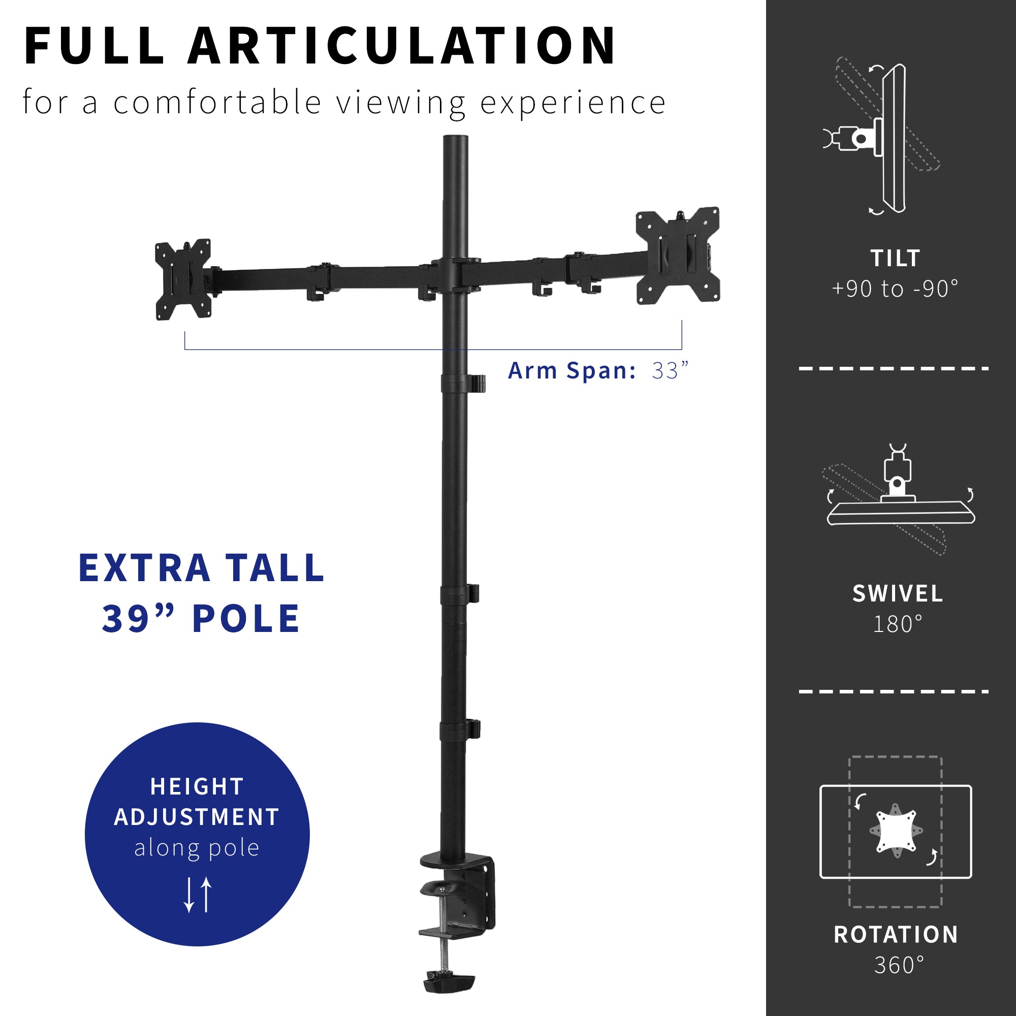 Dual Monitor Extra Tall Desk Mount up to 32" Screens