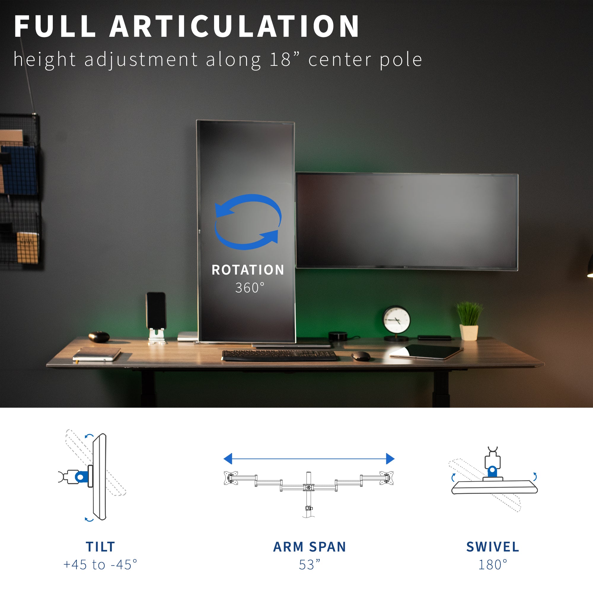 Sturdy adjustable dual monitor ergonomic desk mount for office workstation.