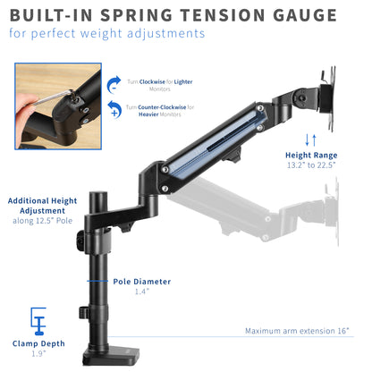 Pneumatic Arm Single Monitor Desk Mount with Height Adjustment and Arm Extension