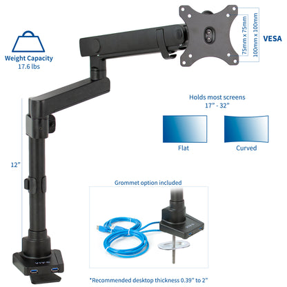 Pneumatic Arm Single Monitor Desk Mount with USB