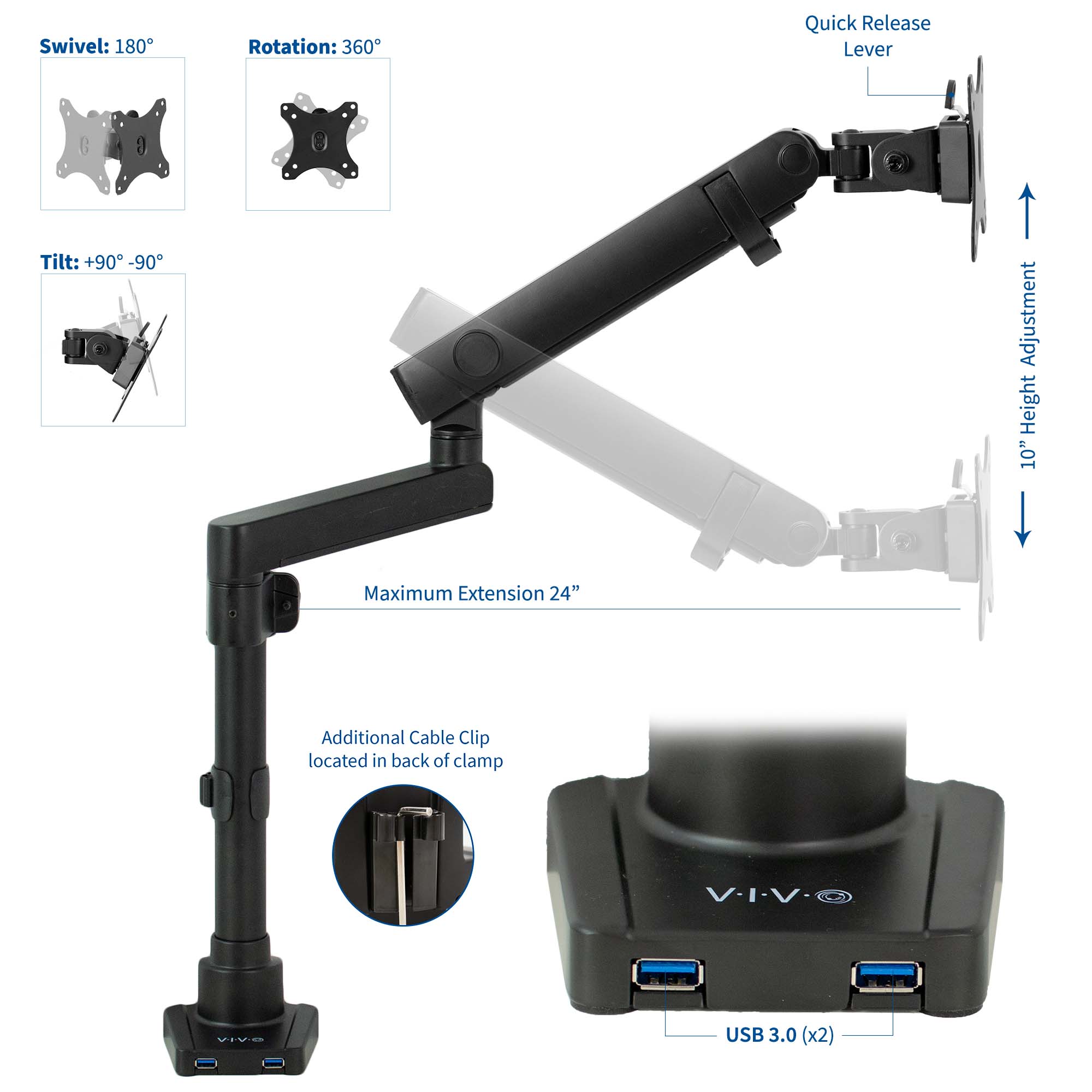 Pneumatic Arm Single Monitor Desk Mount with USB