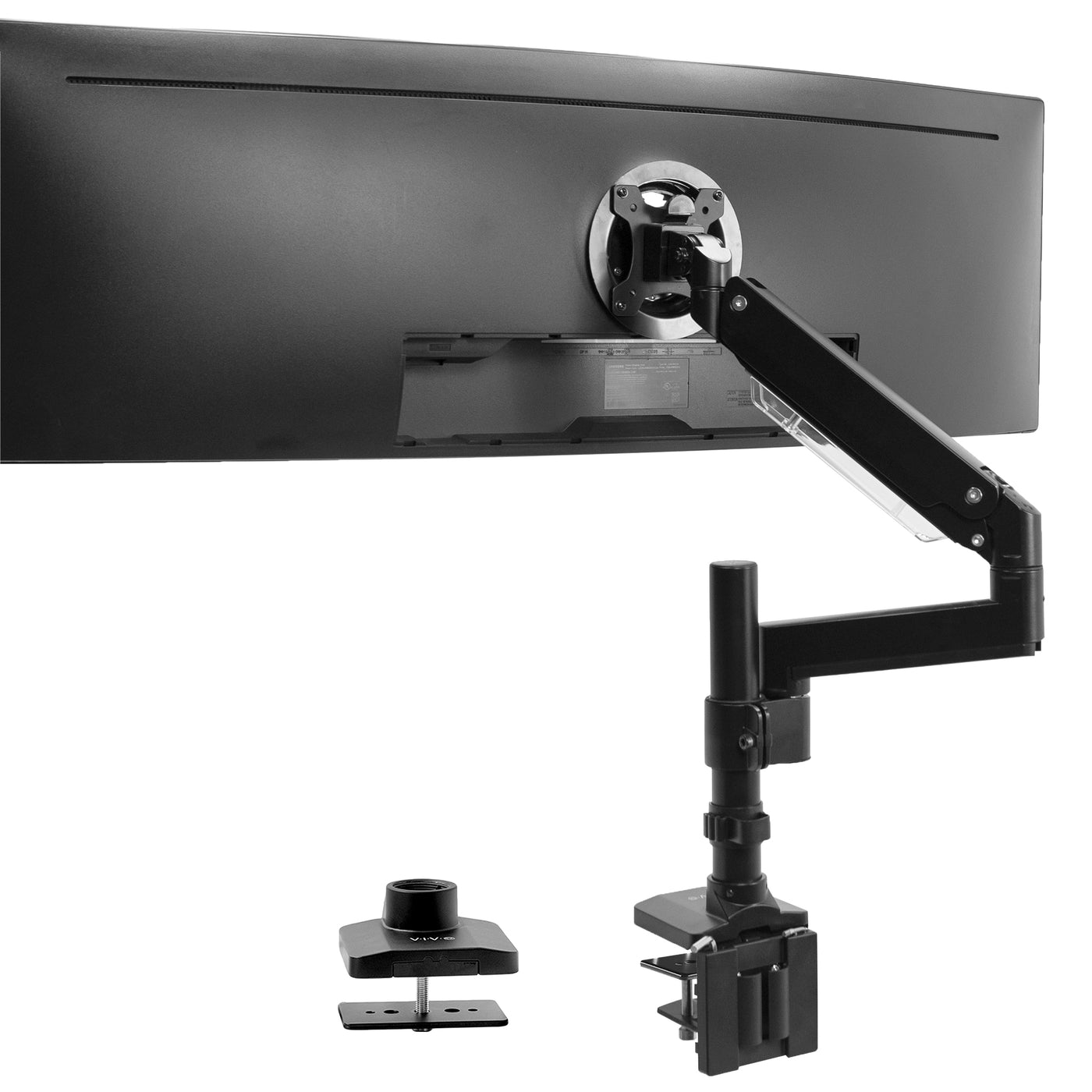 Sturdy adjustable pneumatic arm single ultrawide monitor ergonomic desk mount for office workstation.