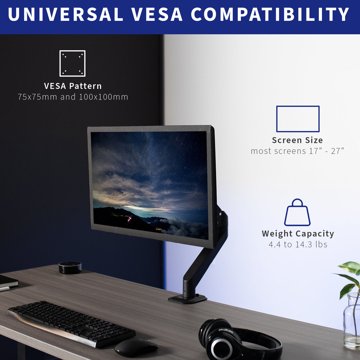 Pneumatic Arm Single Monitor Desk Mount with Universal VESA Compatibility