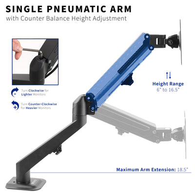 Pneumatic Arm Height Adjustable Single Monitor Desk Mount