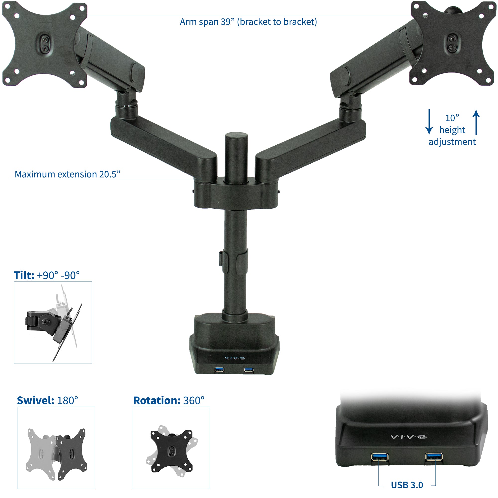 Pneumatic Arm Dual Monitor Desk Mount with USB