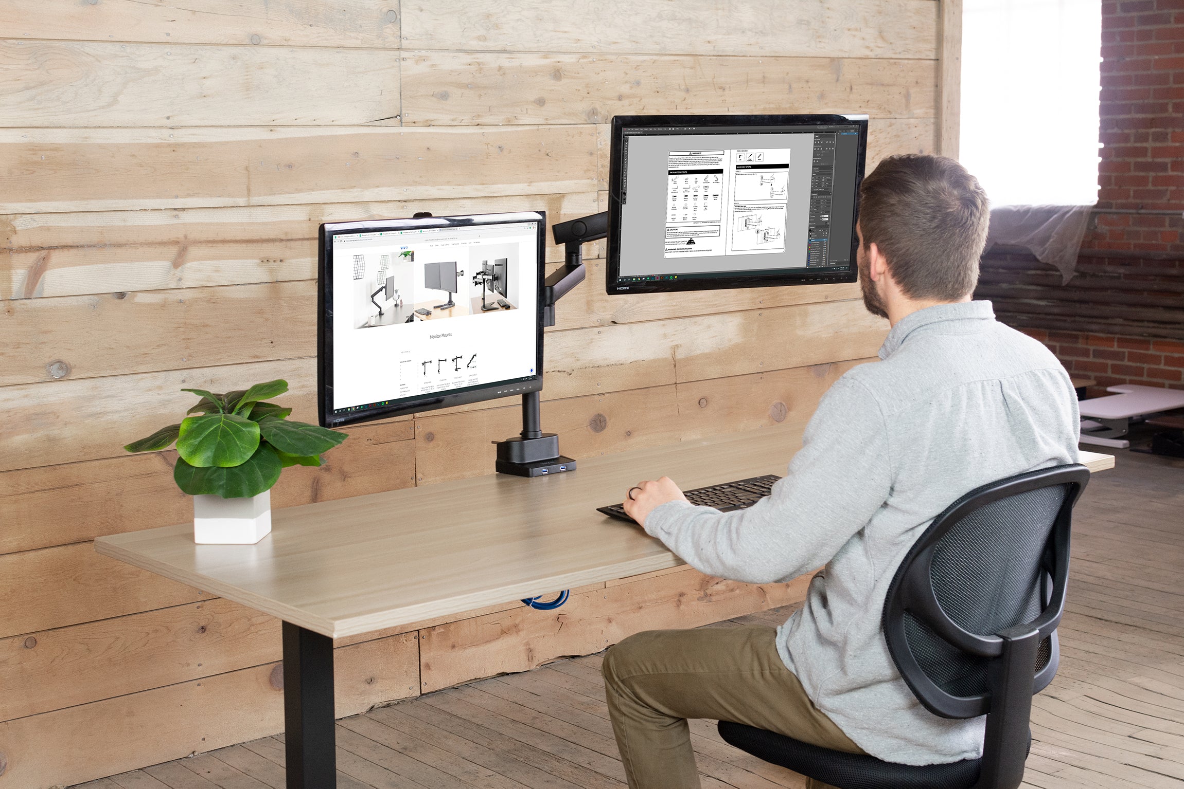 Pneumatic Arm Dual Monitor Desk Mount with USB