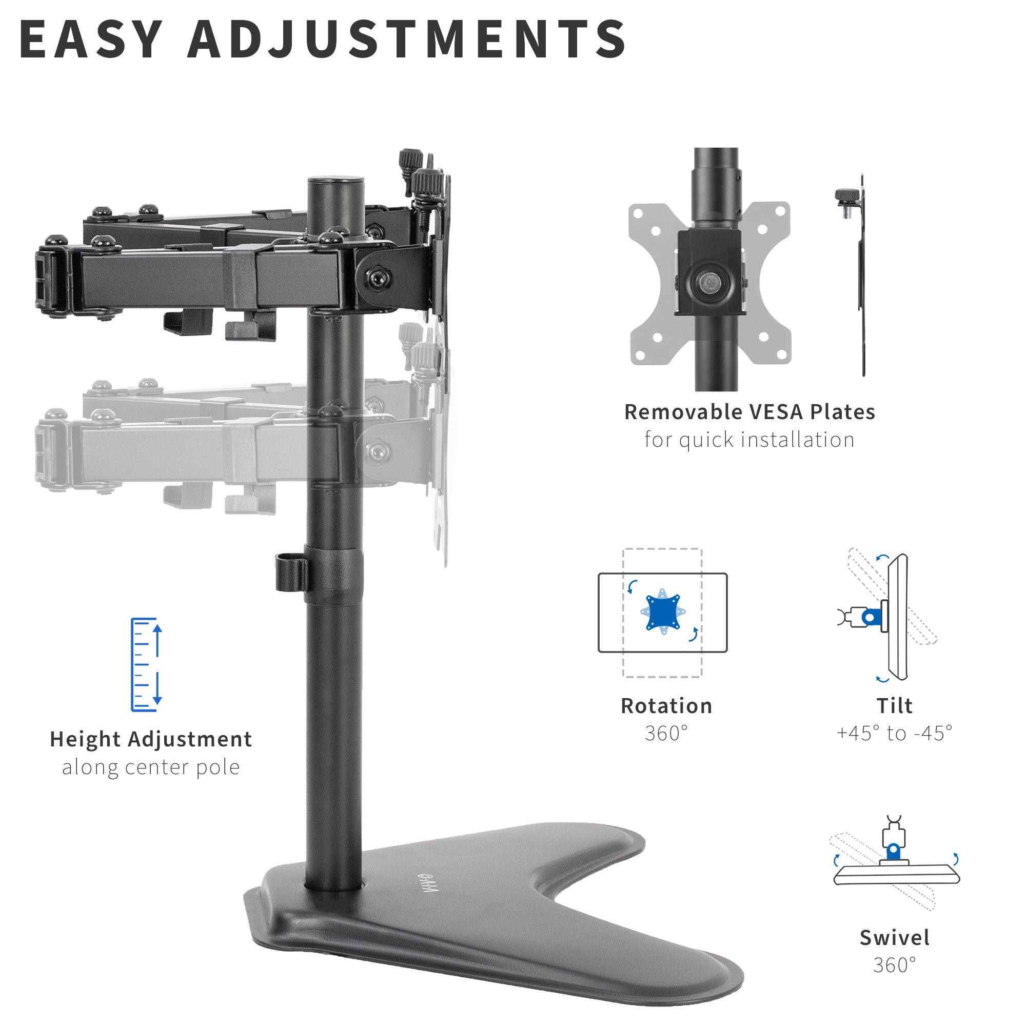 Sturdy adjustable dual monitor ergonomic desk mount for office workstation.