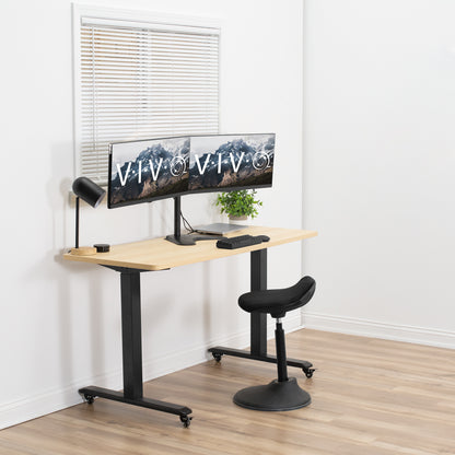 Sturdy adjustable dual monitor ergonomic desk mount for office workstation.