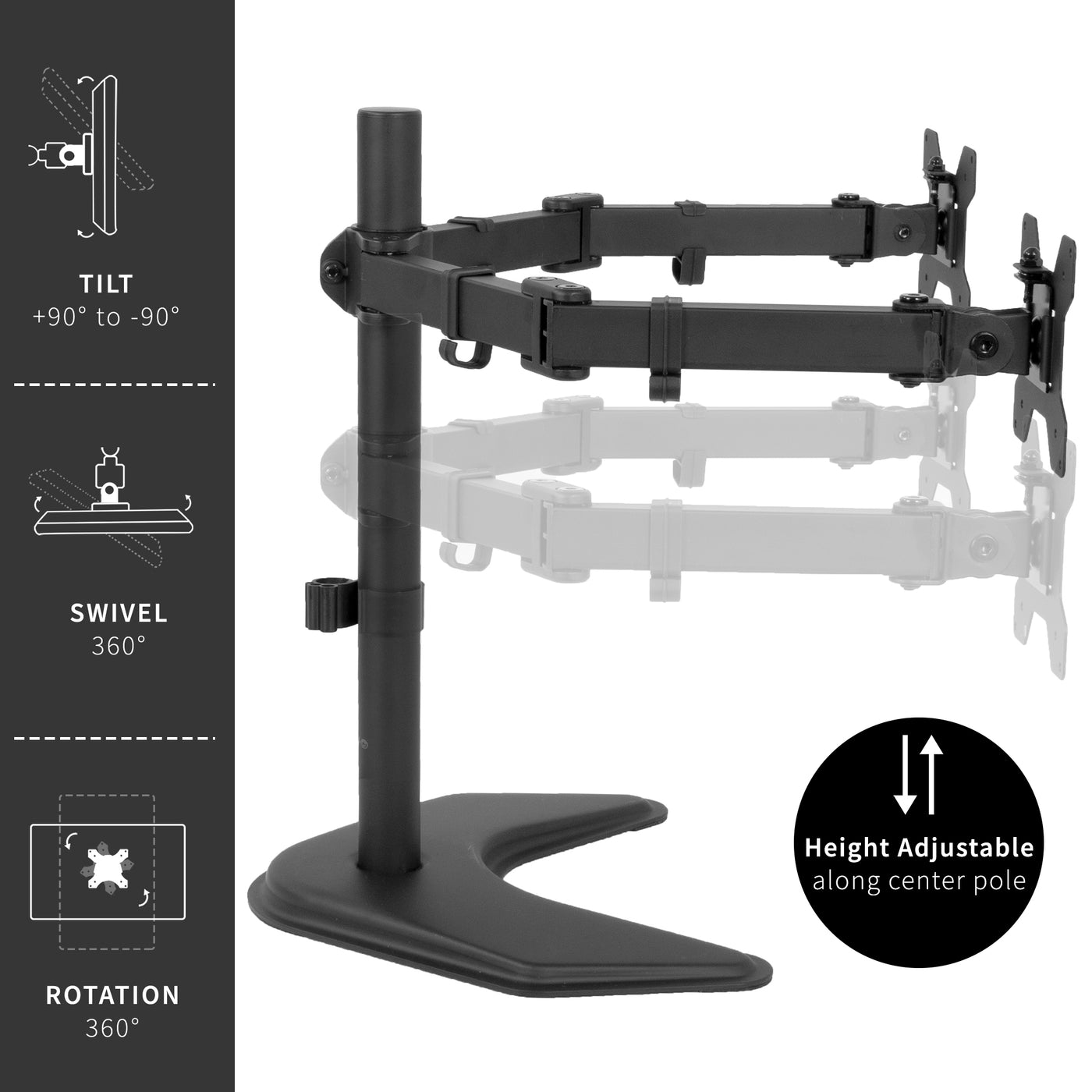Constructed of high-grade steel, this dual monitor desk stand was built to resist scratches and support two 13" to 32" LCD screens weighing up to 22 pounds each.