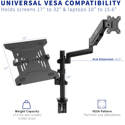 Pneumatic Arm Single Monitor and Laptop Desk Mount with Universal VESA Compatibility