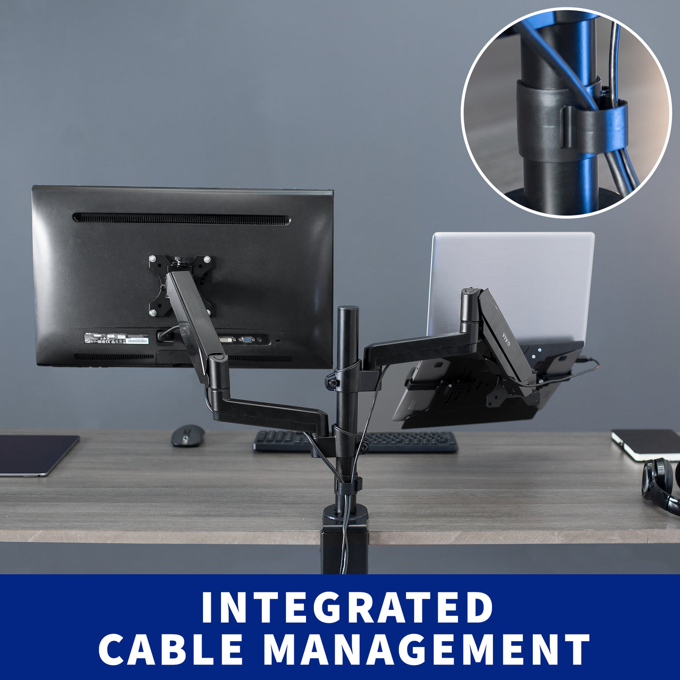 Pneumatic Arm Single Monitor and Laptop Desk Mount with Integrated Cable Management