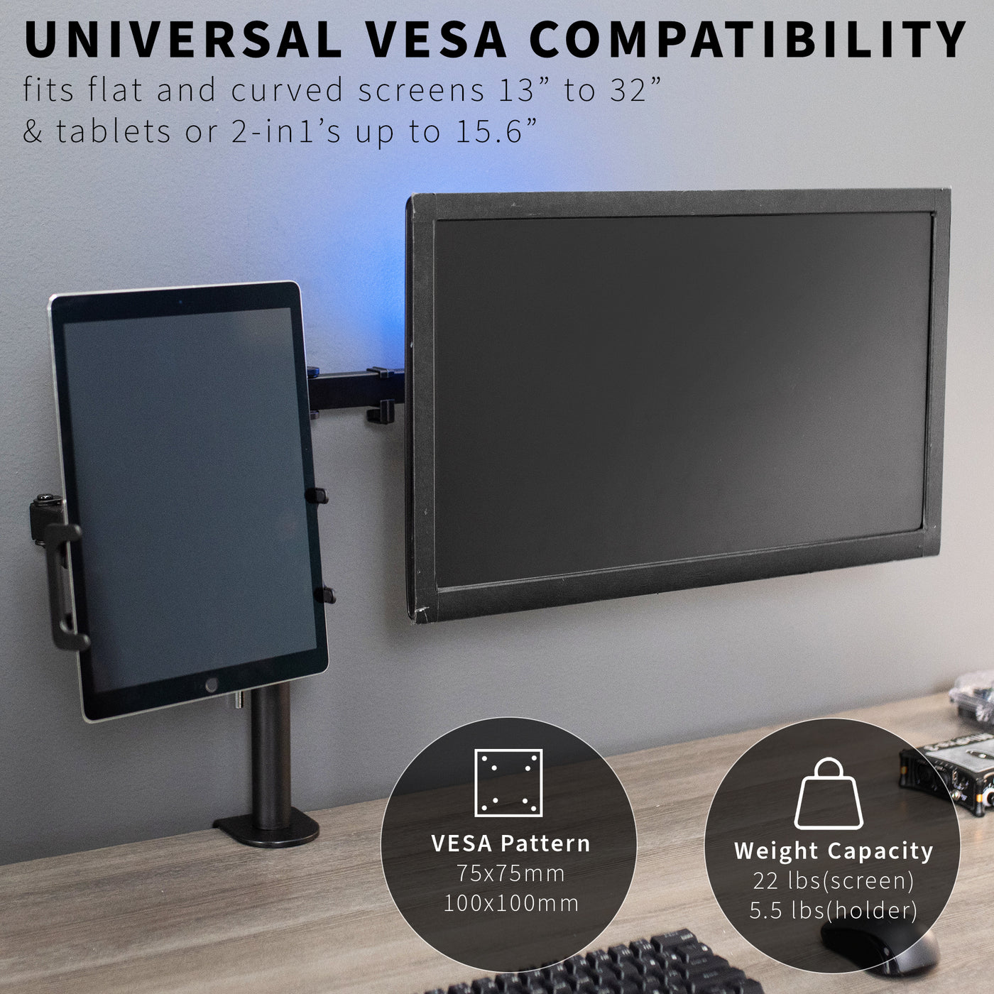 Sturdy single monitor and tablet desk mount with universal VESA compatibility.