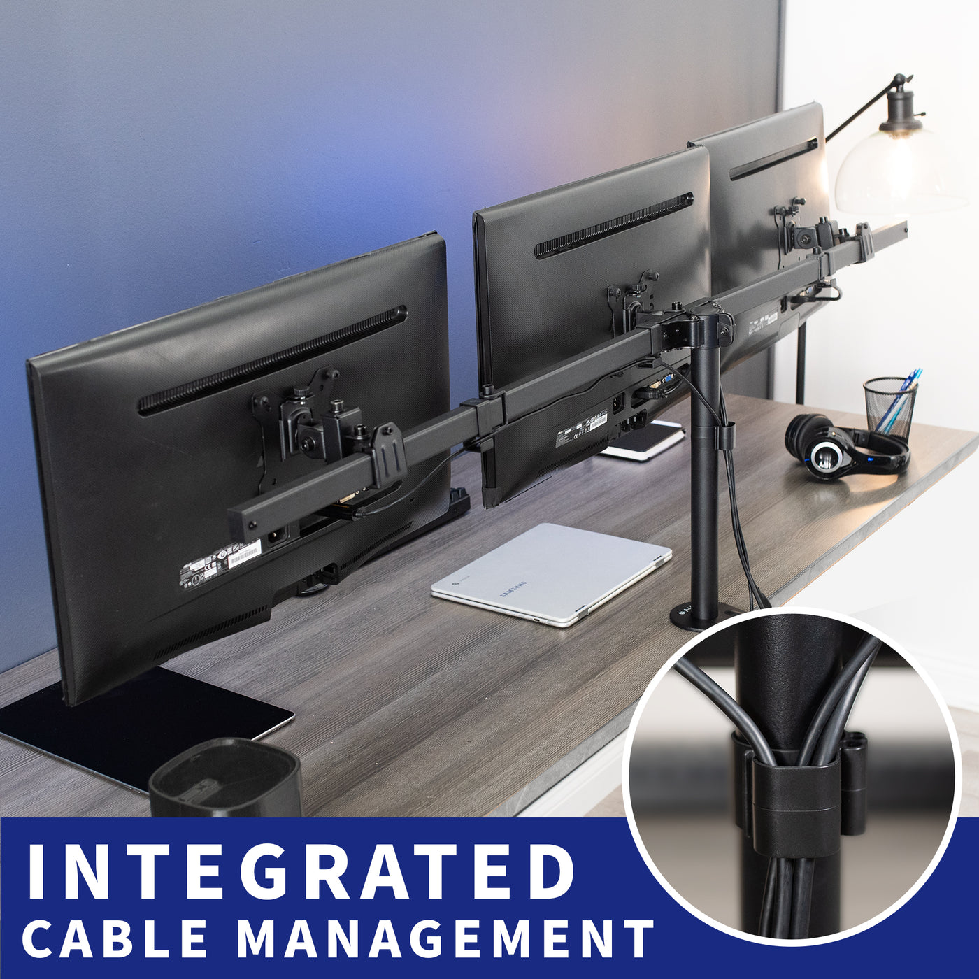 Sturdy flush to wall height adjustable triple monitor desk mount with cable management.