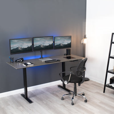Sturdy flush to wall height adjustable triple monitor desk mount.