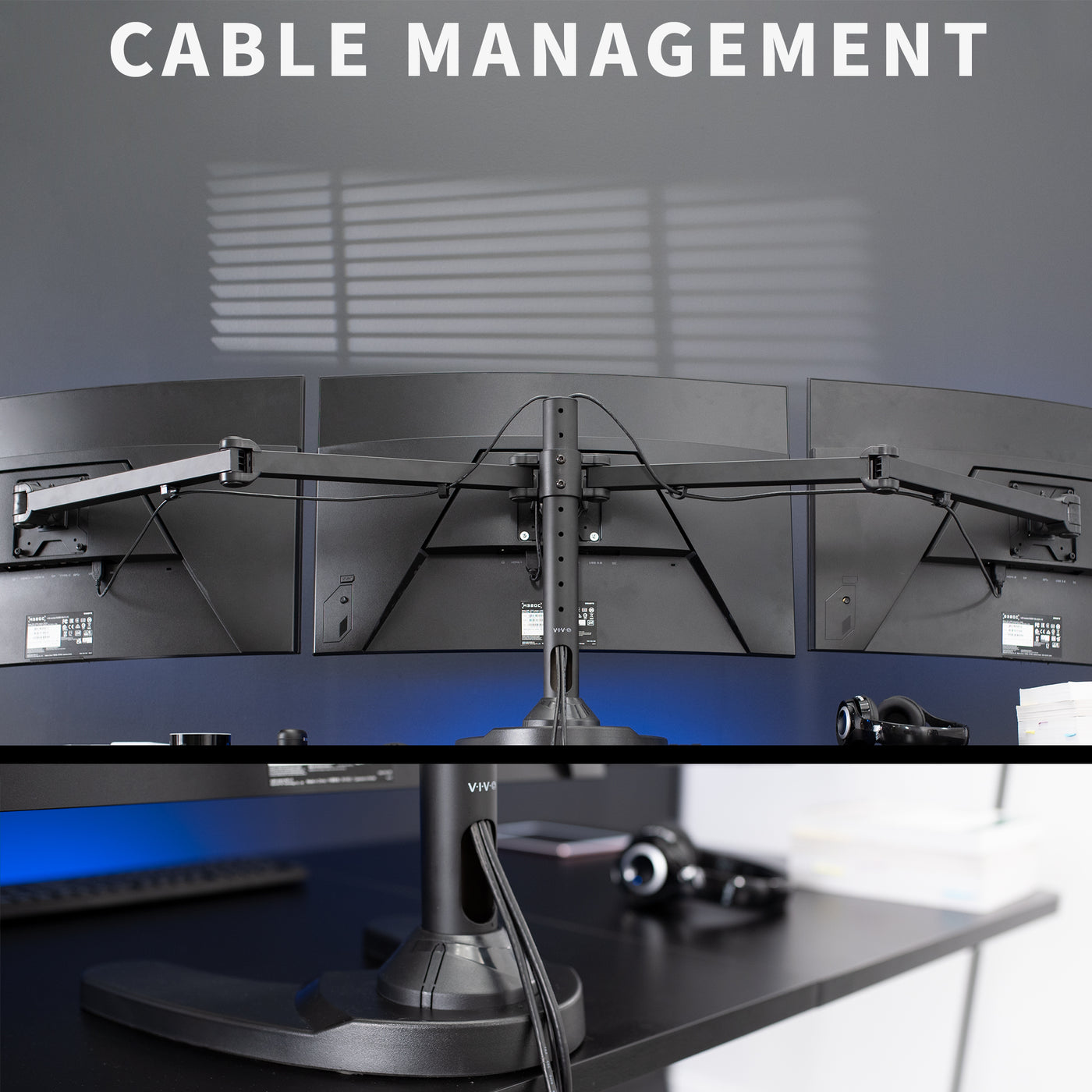 Sturdy height adjustable triple monitor desk stand with cable management.