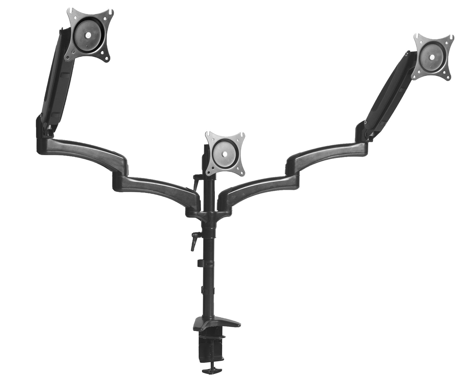 Triple monitor sturdy desk mount with adjustable pneumatic arms and integrated cord management.