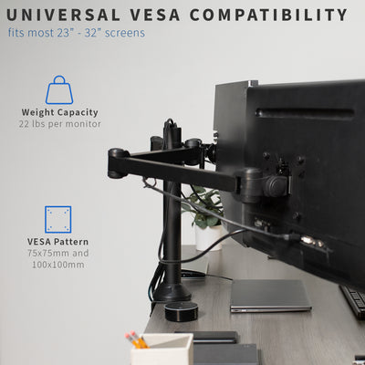 Sturdy height adjustable triple monitor desk mount with universal VESA compatibility.